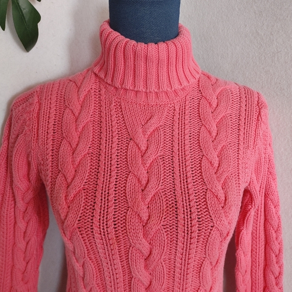 Lands' End Chunky Bright Pink Turtleneck Cable Knit Sweater - Picture 2 of 7